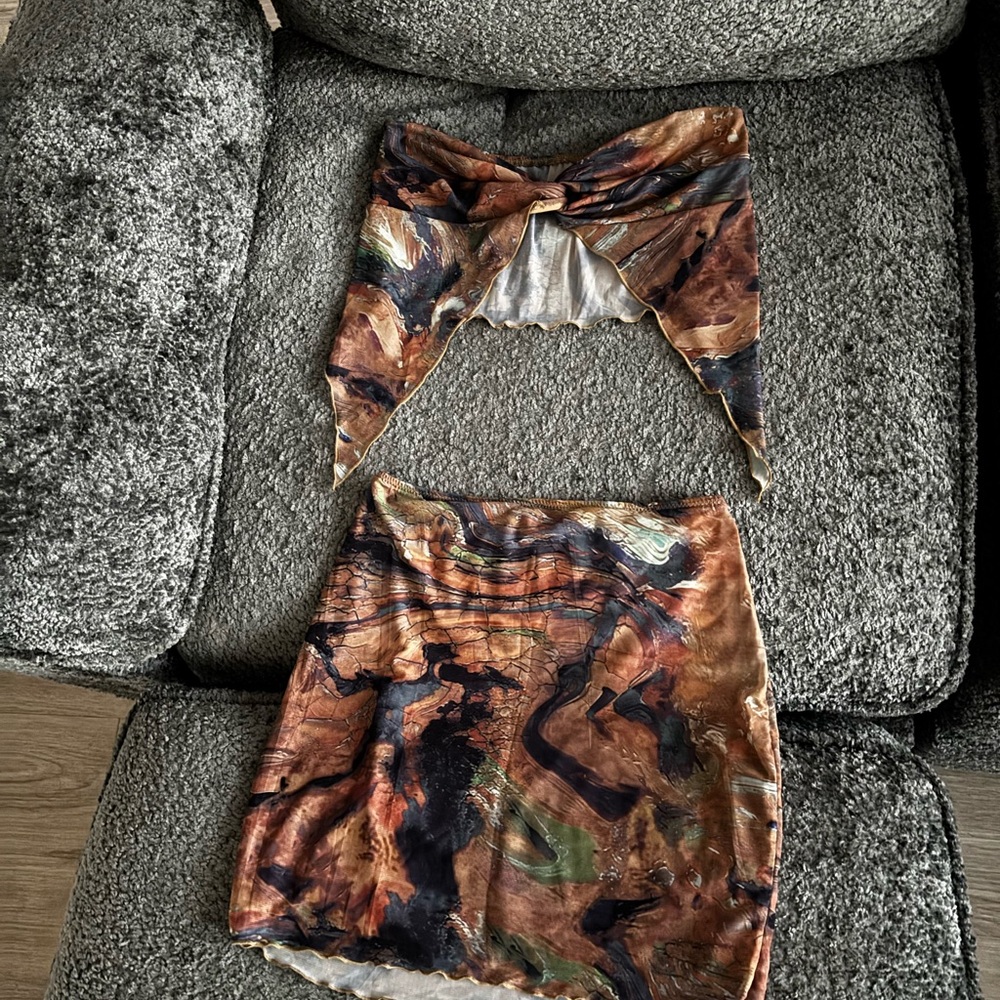 Fashion Nova Brown and Orange Wrap Mini Skirt Set Casual